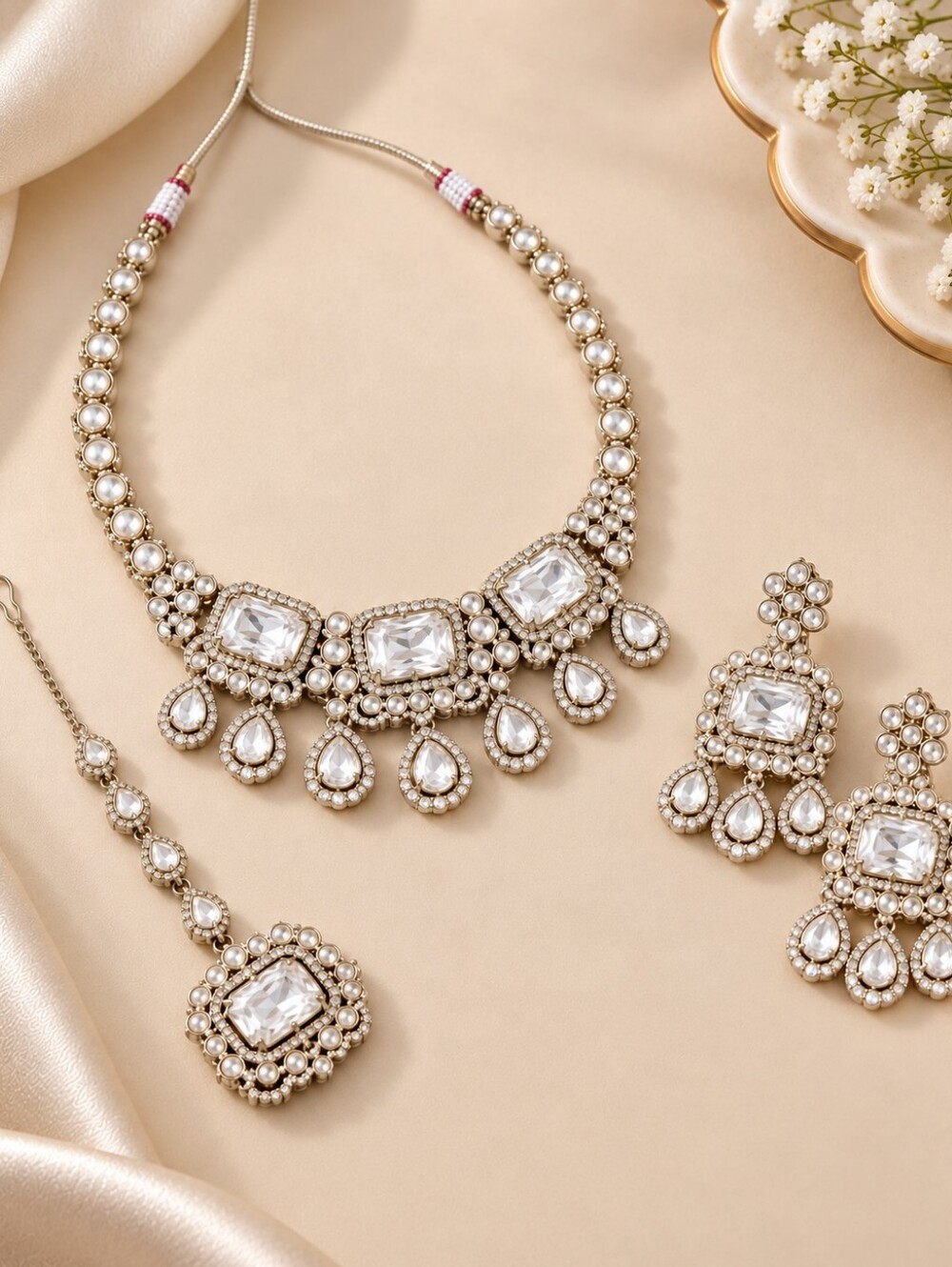 Silver Zircon Polki Necklace Set with Earrings & Maang Tikka